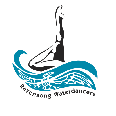 Ravensong Waterdancers logo in white and shades of blue