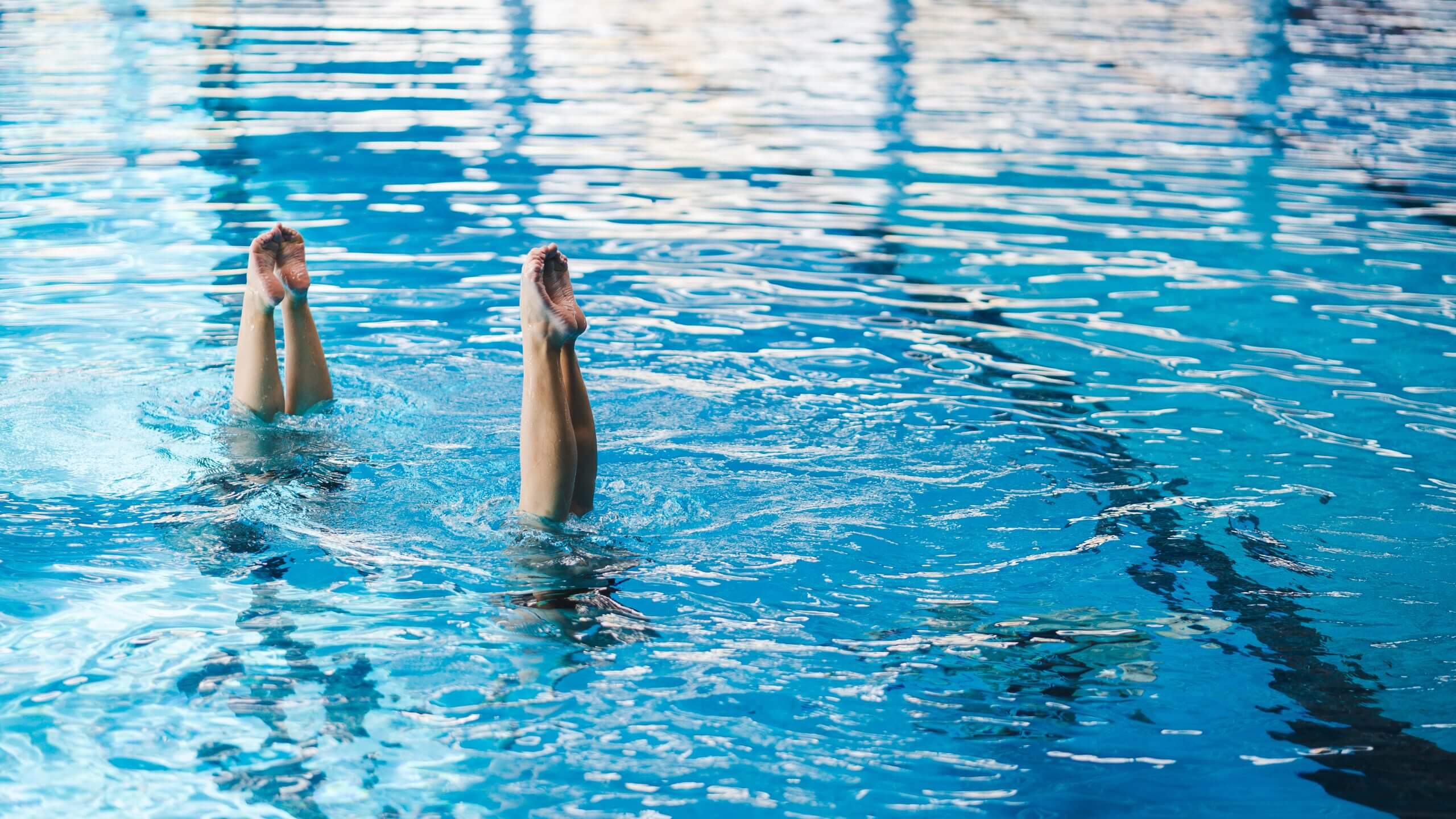 Synchronized swimmers performing in pool with feet in the air, about Ravensong Waterdancers